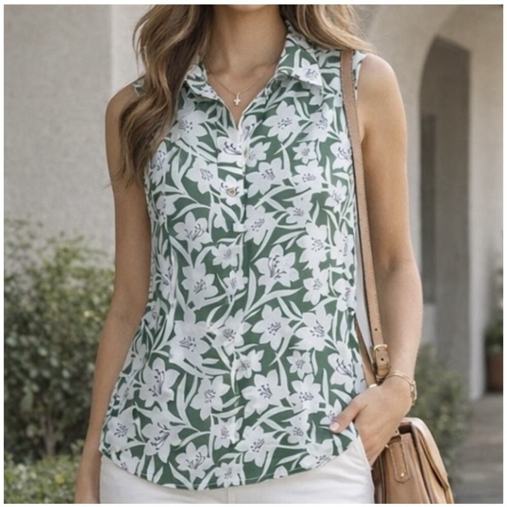 Cabi Bloom Top Green White Floral Sleeveless Medium